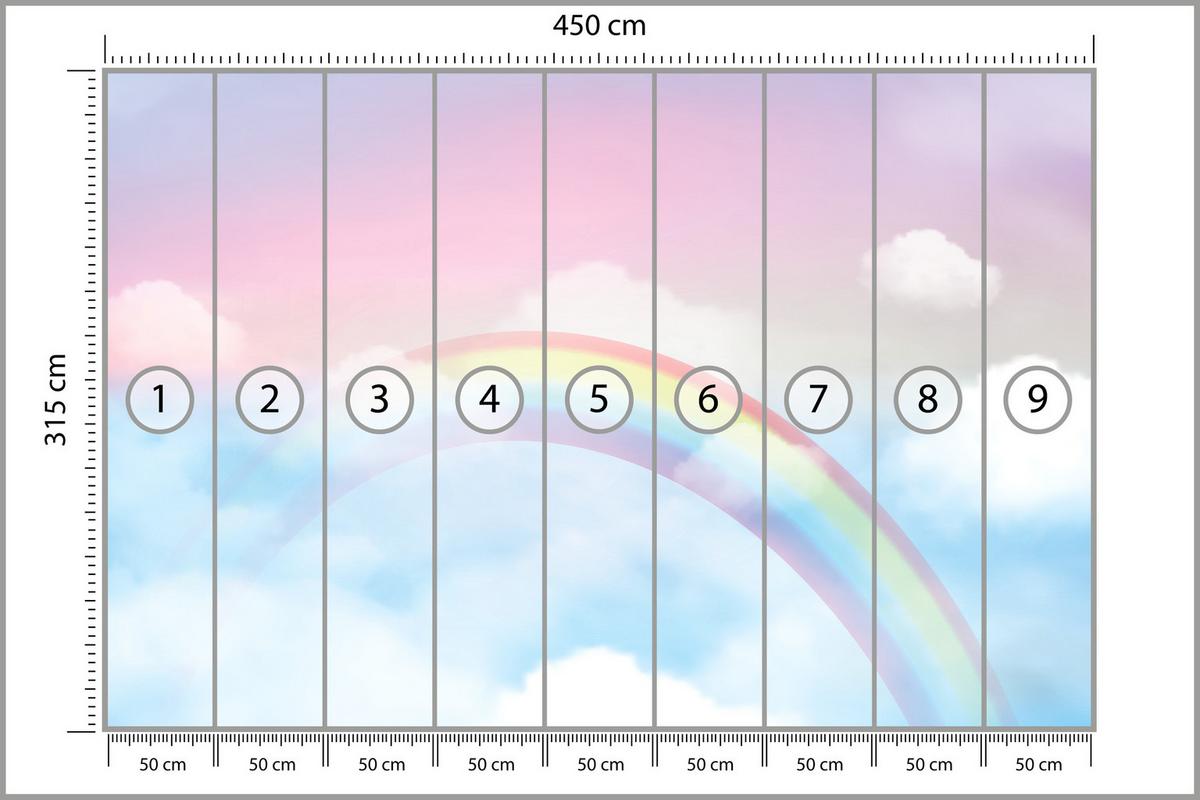 FOTOTAPETE für Schlafzimmer Regenbogen Rosa Himmel Wolken 450x315 - Blau/Gelb, Papier (450/315cm) - Muralo