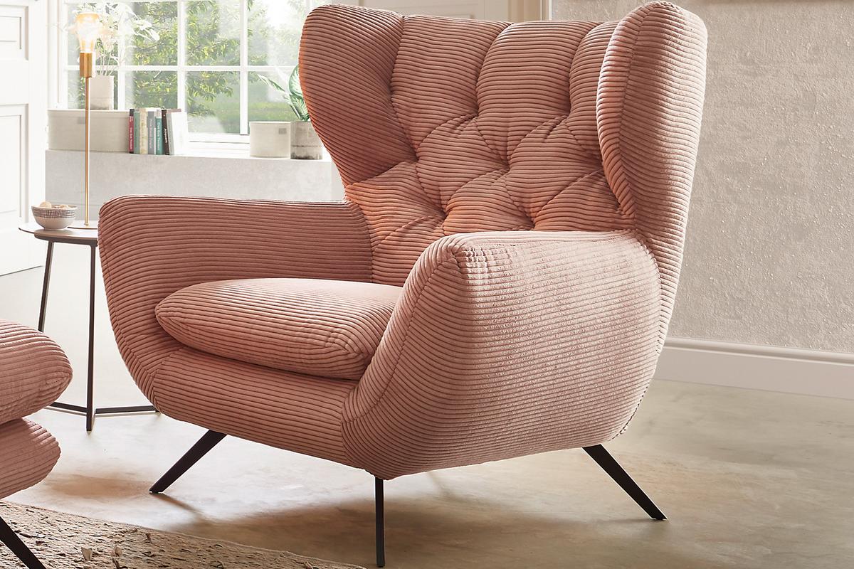 SESSEL CHARME Rosé Cord - Schwarz/Rosa, Textil/Metall (100/106/95cm) - KAWOLA
