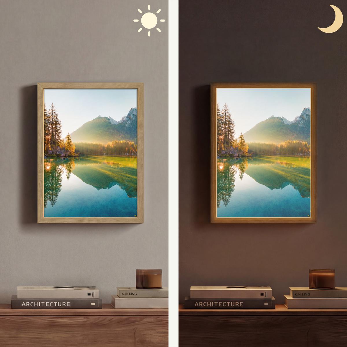 WANDLEUCHTE MIT AKKU See - Wald - Berge - Natur - Sonne - Landschaft 30x40 cm - Grün, Holzwerkstoff (30/40/8cm) - OnlyWow