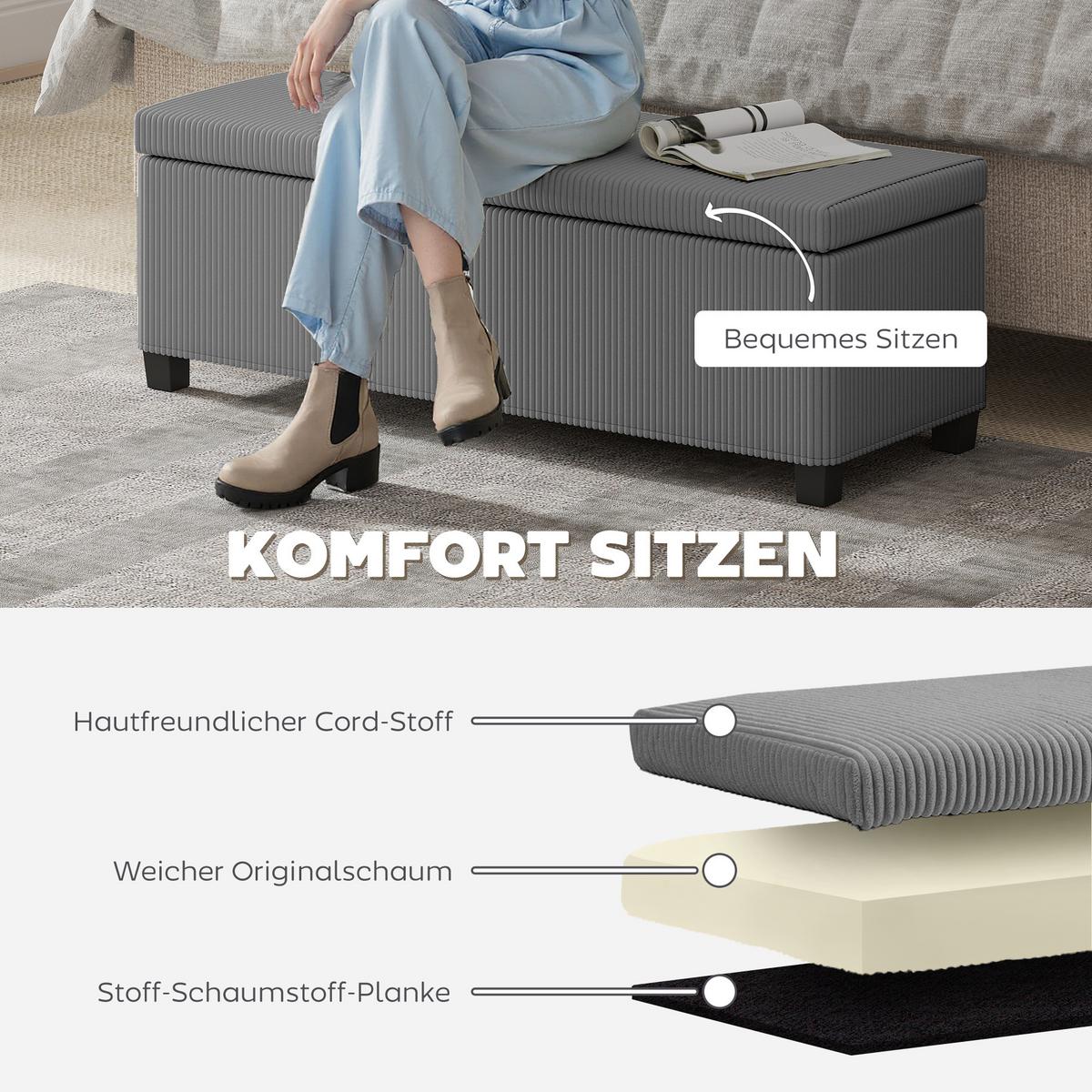 TRUHENBANK 112 x 42 x 40 cm mit abnehmbarem Deckel, Grau - Schwarz/Grau, Textil/Metall (42/40/112cm) - HOMCOM