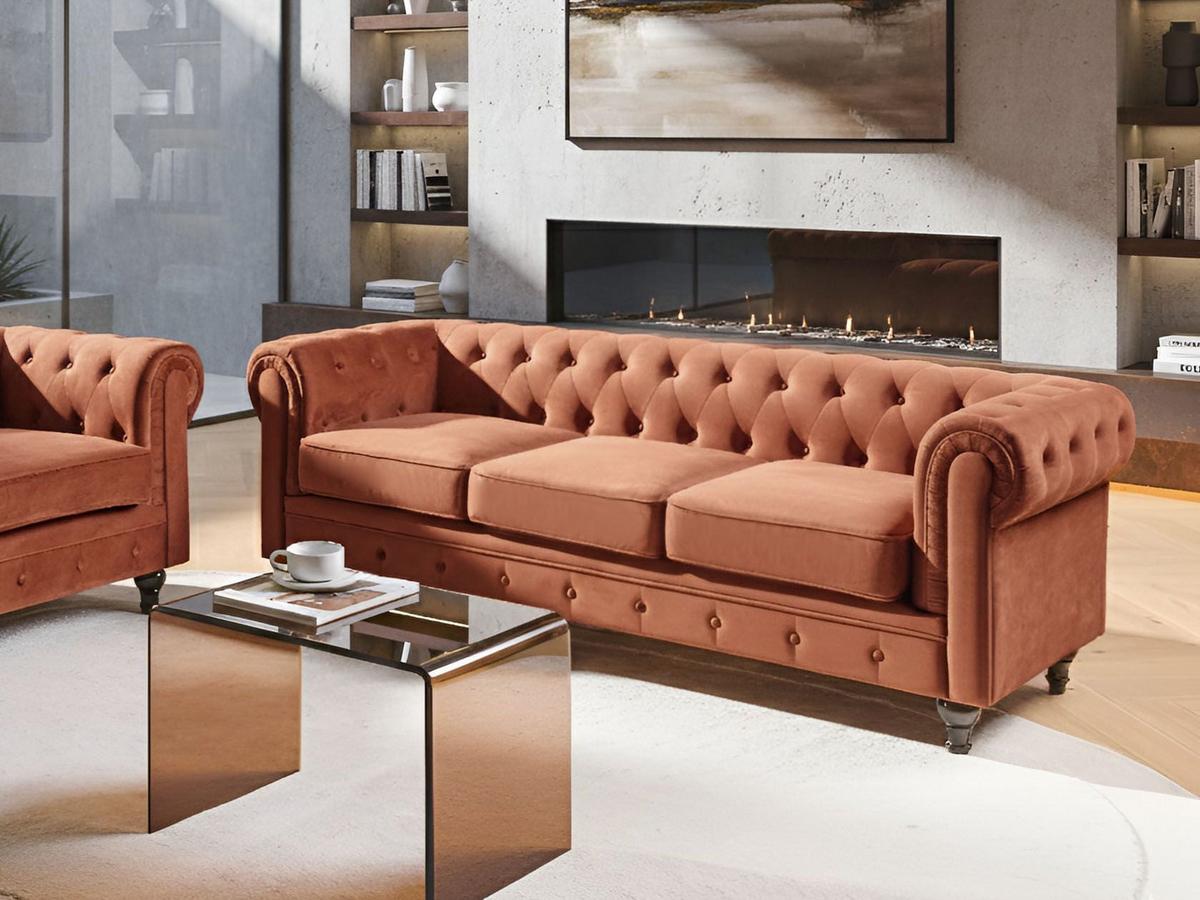 3-SITZER-SOFA Samtstoff Goldbraun Chesterfield - Goldfarben/Braun, Textil (201/70/75cm) - Beliani