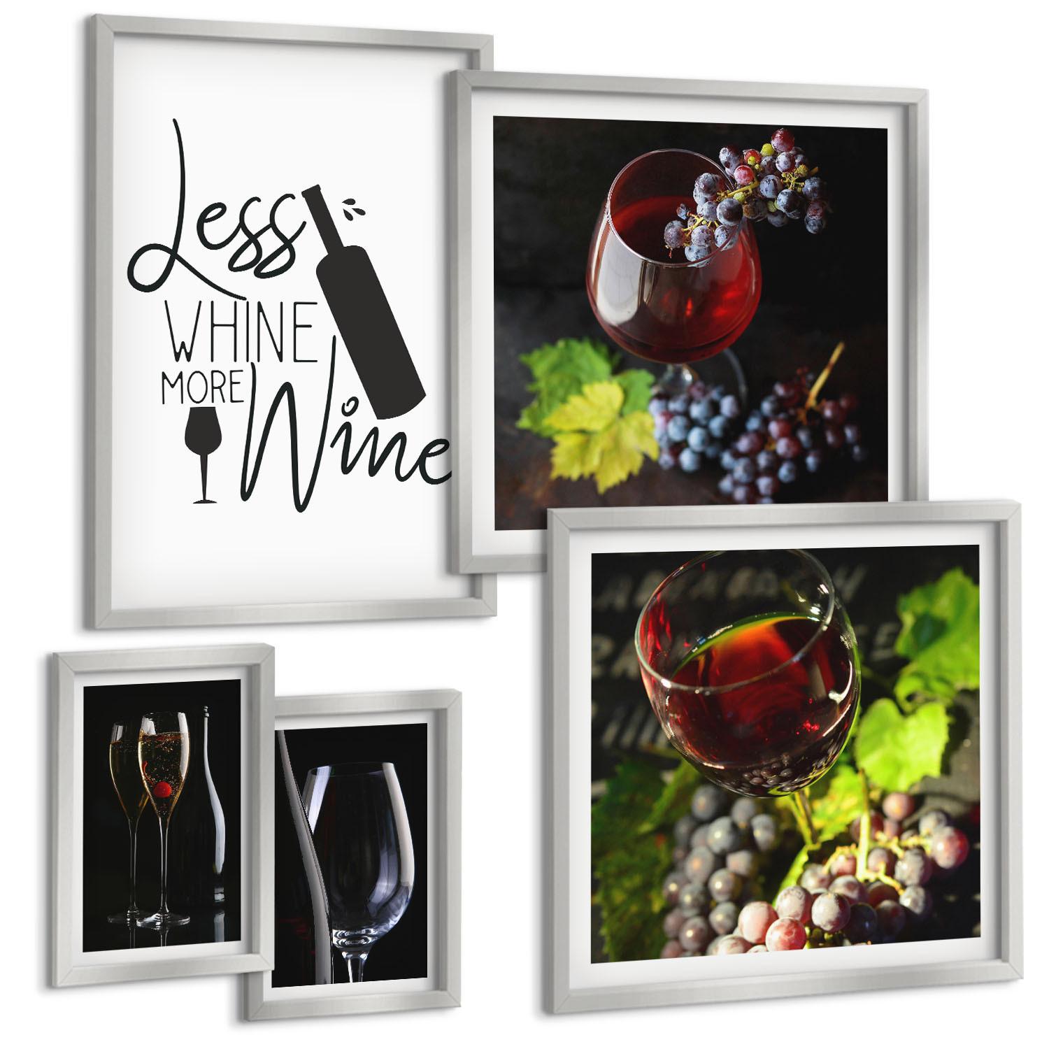 BILDER SET 5er Set - 50x50 cm & 20x30 cm & 40x60 cm Silberner Rahmen - Weingläser mit Trauben und Inschrift - Silberfarben, Kunststoff (40/60cm) - TULUP