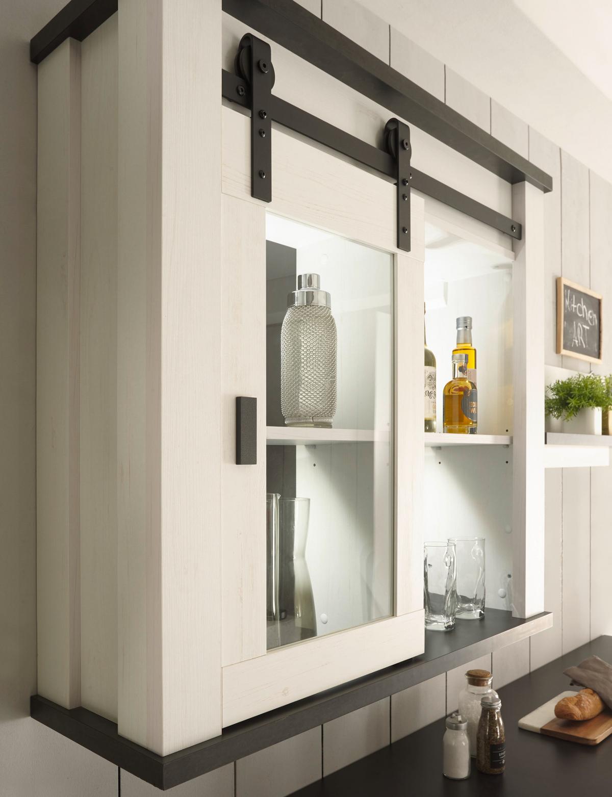 KÜCHE-HÄNGESCHRANK weiß Pinie, anthrazit Landhaus, Küchenschrank hängend mit Schiebetür - Anthrazit/Schwarz, Glas/Holzwerkstoff (93/90/31cm) - Furn.Design