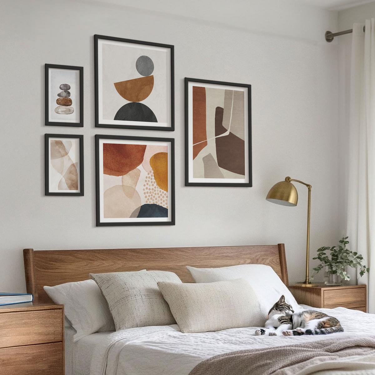 BILDER SET 5er Set - 50x50 cm & 20x30 cm & 40x60 cm Schwarzer Rahmen - Abstrakte Malerei Dekorationen - Schwarz, Kunststoff (40/60cm) - TULUP