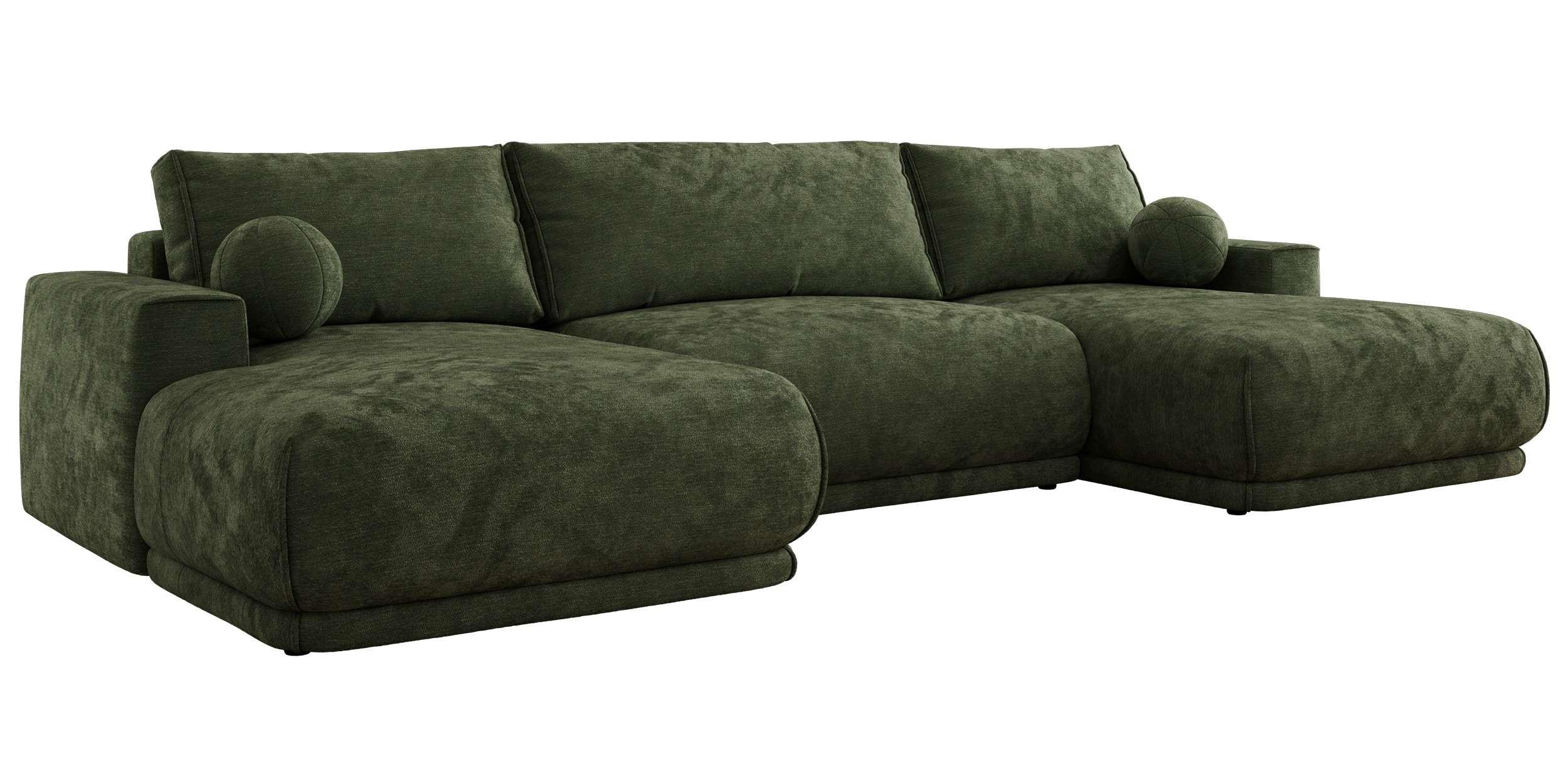 WOHNLANDSCHAFT RINA U Dunkelgrün Schenille glatt - Dunkelgrün/Schwarz, Kunststoff/Textil (360/85/170cm) - MKS