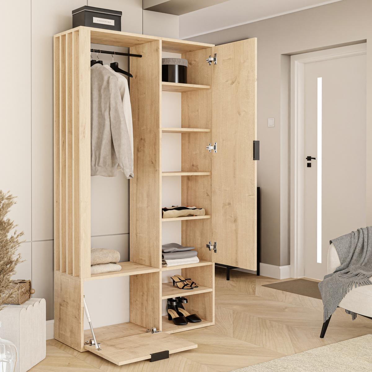 GARDEROBENSCHRANK mit Spiegel-mit Ablagen und Kleiderstange - Braun, Holzwerkstoff (100/190/33cm) - Idohome