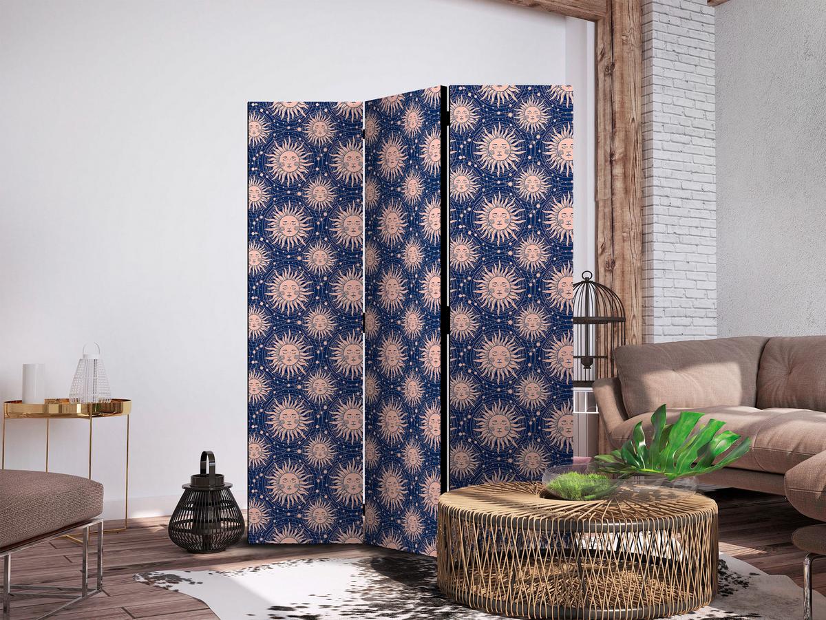 PARAVENT Einseitig Bedruckter 3-tlg 135x172 cm Sonnen im Boho Stil - Blau, Holz/Textil (135/172/3cm) - Muralo