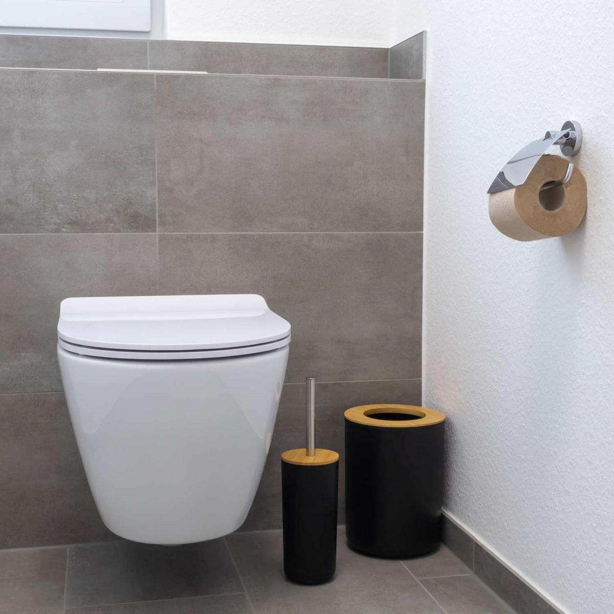 BADEZIMMER ZUBEHÖR SET (6-tlg.) mit Zahnputzbecher Seifenschale Seifenspender Toilettenbürste - Schwarz, Naturmaterialen (19.5/26/19.5cm) - Intirilife