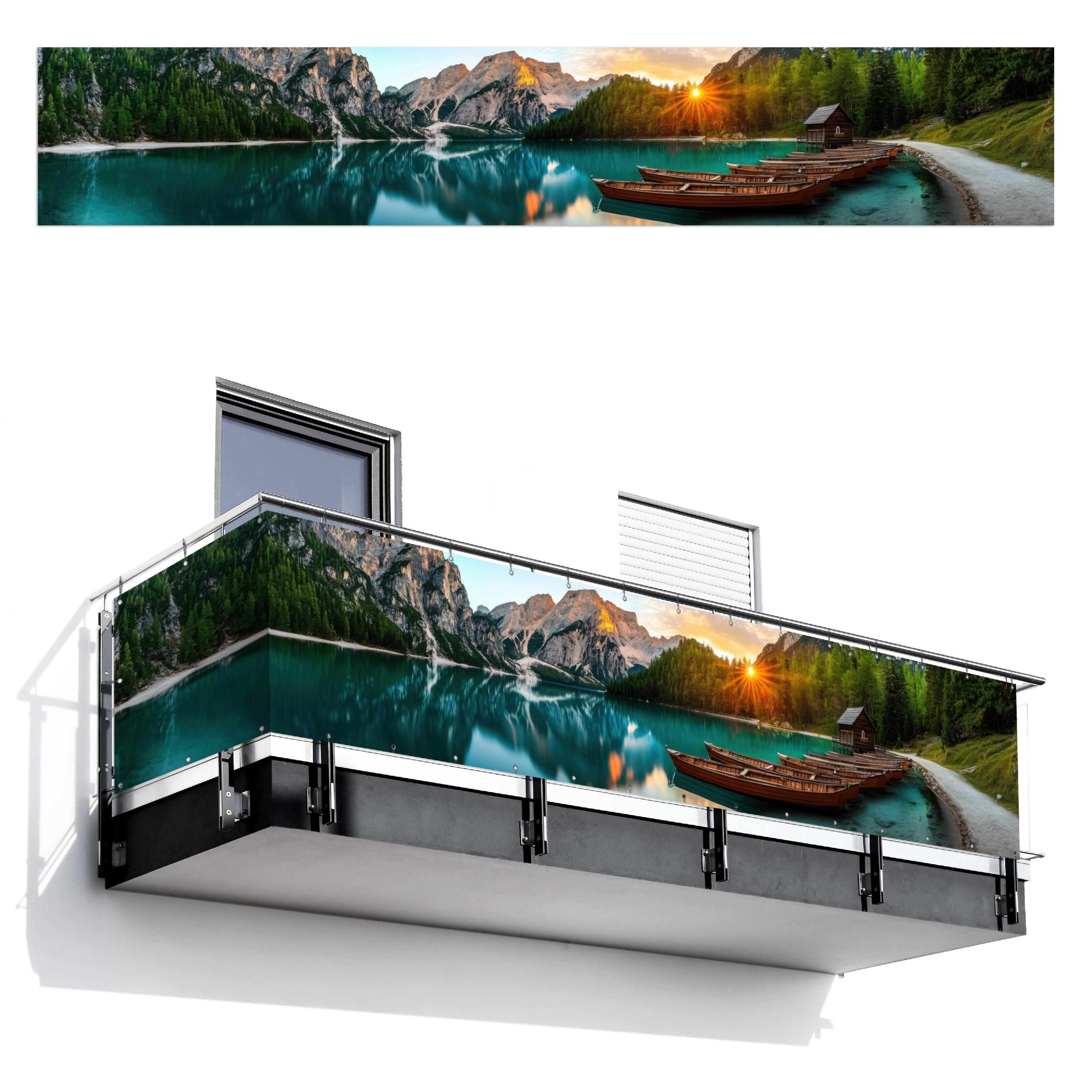 BALKON-SICHTSCHUTZ See - Berge - Sonnenuntergang - Boot Groß 500x85 cm - Petrol, Kunststoff (500/85cm) - MuchoWow