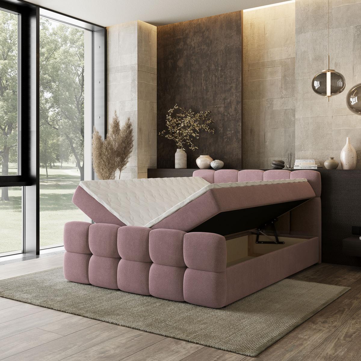 BOXBETT BRUME 200x200 cm mit Matratze und Topper, H2+H3 - Rosa - Rosa, Holz (200/200cm) - MASSENO