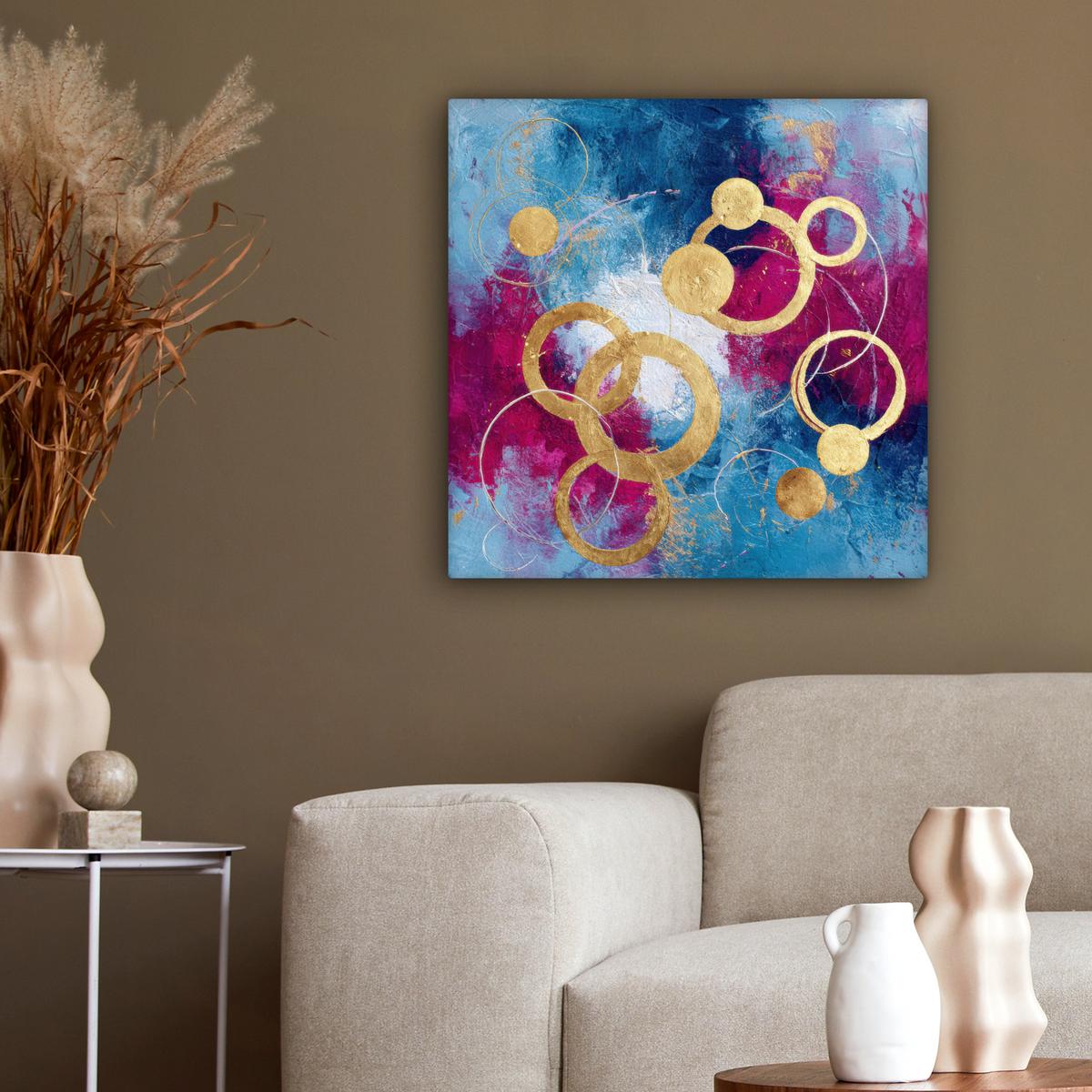 LEINWANDBILD Kreise - Gold - Abstrakt Wandbild Wohnzimmer 50x50 cm - Blau, Textil (50/50cm) - MuchoWow
