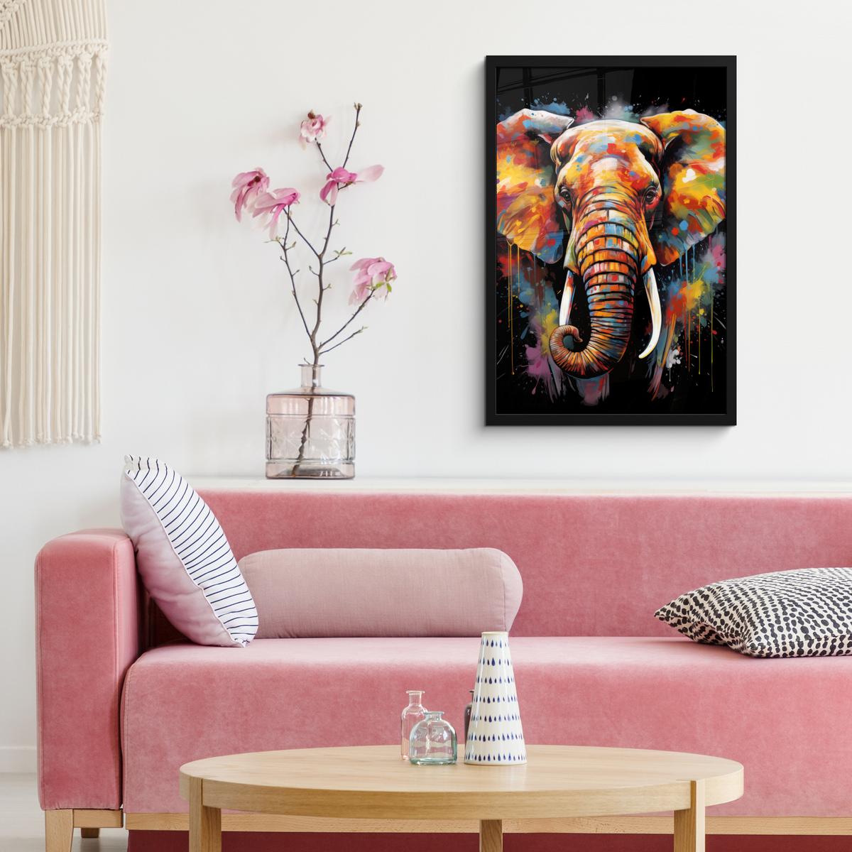 POSTER MIT RAHMEN Elefant - Graffiti - Schwarz - Tiere - Farben Bilder mit Rahmen 40x60 cm - Schwarz, Papier (40/60cm) - MuchoWow