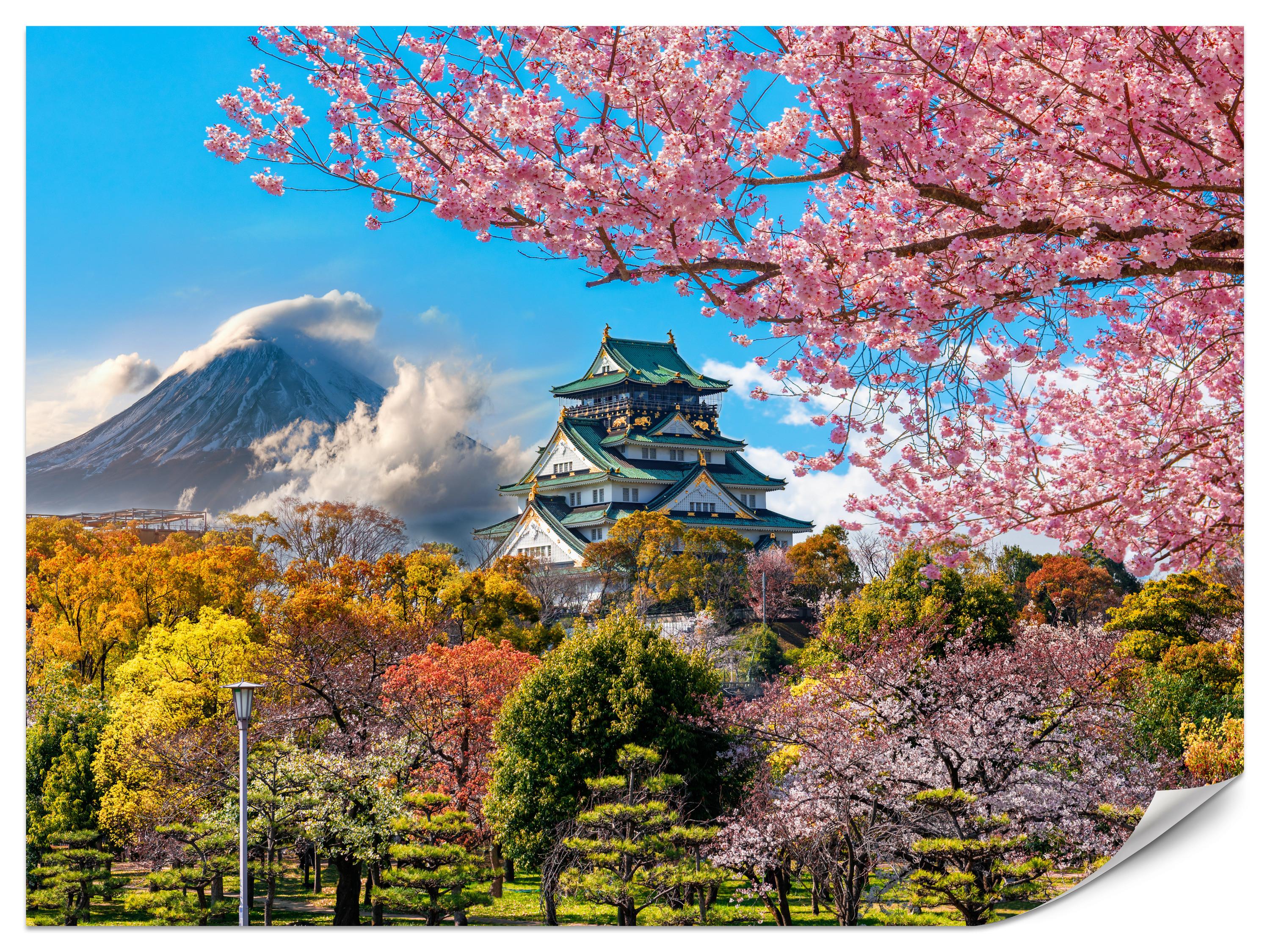 FOTOTAPETE für Wohnzimmer Kirschblüten Osaka Burg Japan Berge Bäume 350x256 - Gelb/Rosa, Papier (350/256cm) - Muralo
