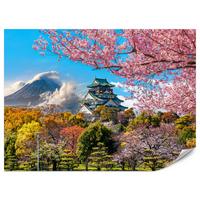 FOTOTAPETE für Wohnzimmer Kirschblüten Osaka Burg Japan Berge Bäume 350x256 - Gelb/Rosa, Papier (350/256cm) - Muralo