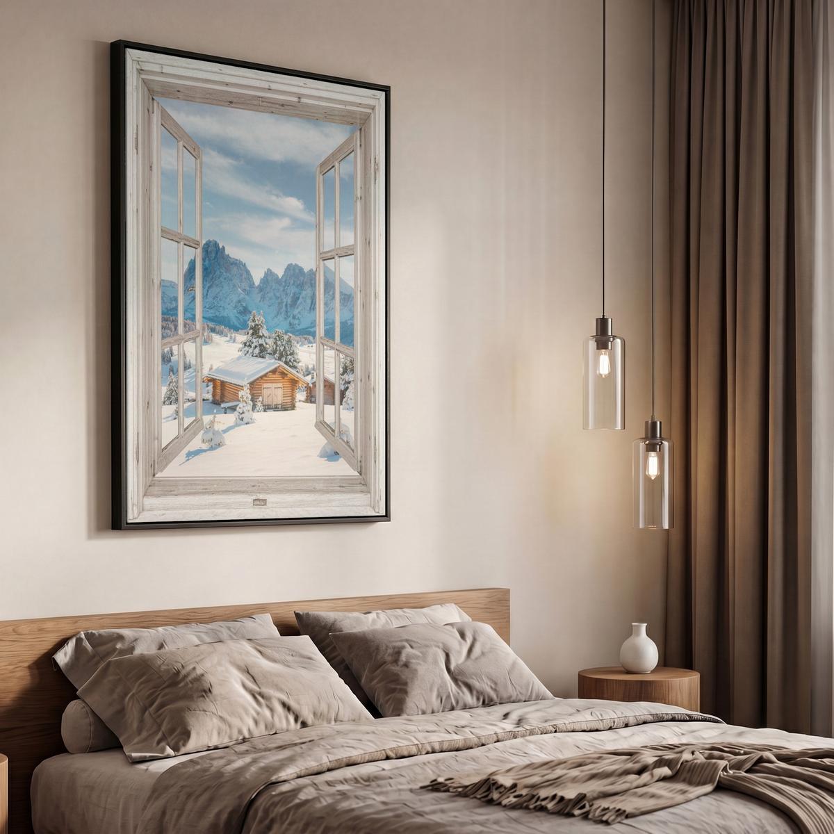 LEINWAND Bilder mit Rahmen - Winterlandschaft - Hütte - Berge - Ausblicke - Aussicht - Natur - 60x90 - Weiß Hochglanz, Textil (60/90cm) - MuchoWow