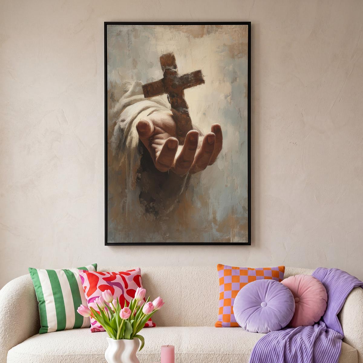 LEINWAND Bilder mit Rahmen - Abstrakt - Kreuz - Hand - Christentum - 90x140 - Hellbraun, Textil (90/140cm) - MuchoWow