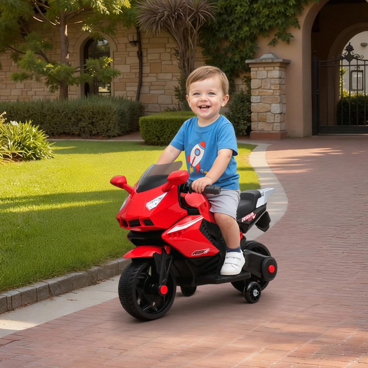 ELEKTRO KINDERMOTORRAD mit USB Stützrädern und Musik - Rot, Metall (75/36/49cm) - AIYAPLAY