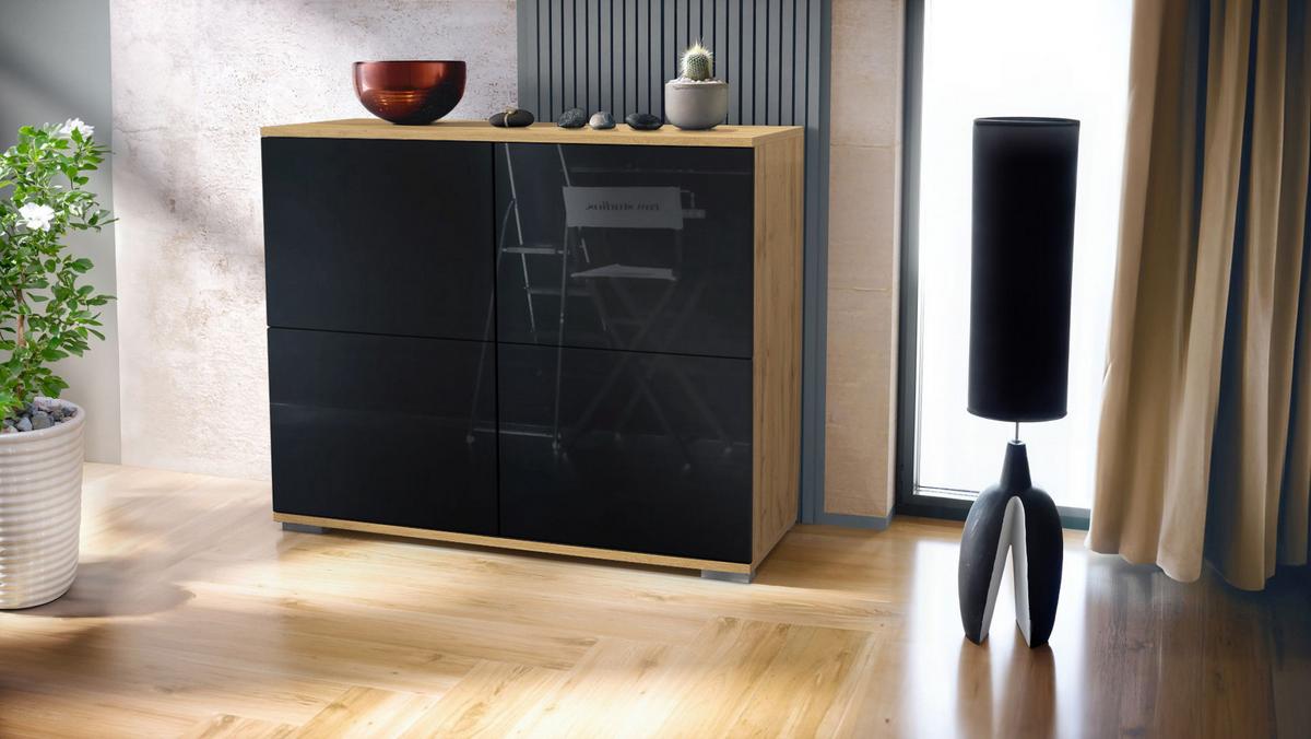 KOMMODE Rova Schwarz Hochglanz - Schwarz Hochglanz, Holzwerkstoff (92.5/75.5/35cm) - Vladon