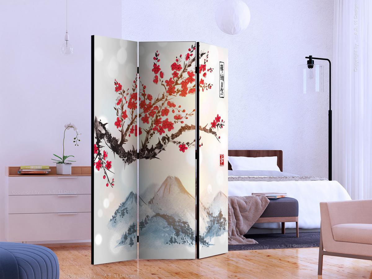 PARAVENT Akustik 3-tlg 135x172 cm Fuji Berg mit Kirschbl ten - Multicolor, Holz/Textil (135/172/3cm) - Muralo