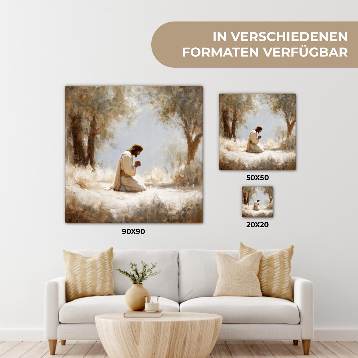 LEINWANDBILD Jesus - Kniend - Waldlandschaft - Betend Deko Groß 90x90 cm - Beige/Hellblau, Textil (90/90cm) - MuchoWow