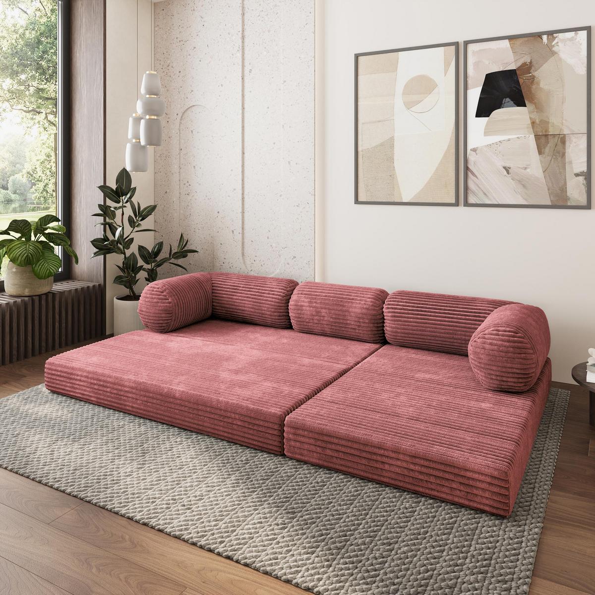 ECKSOFA ETERA modulares Boneless Sofa mit Schlaffunktion Rosa Kordstoff - Rosa, Textil (270/160cm) - MASSENO