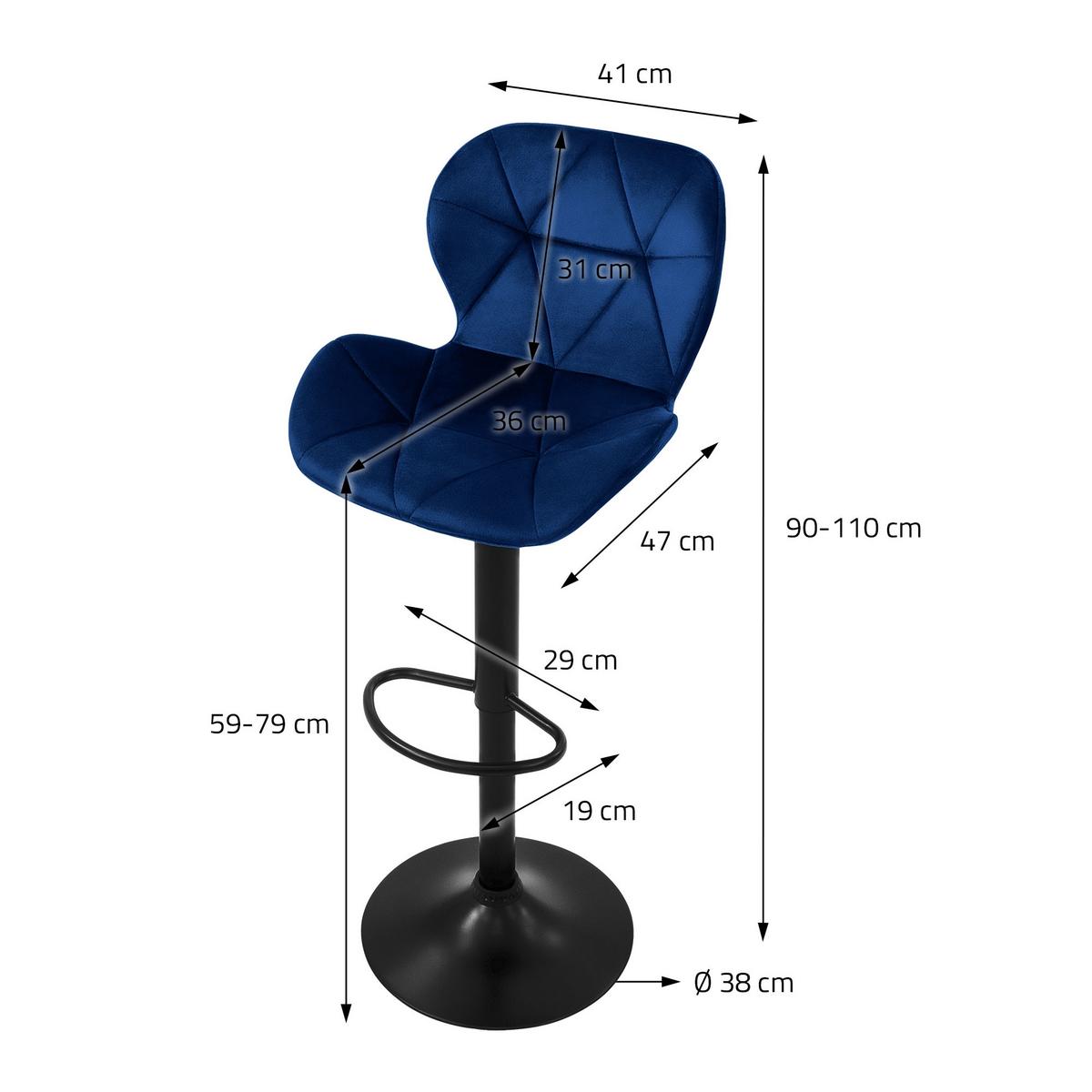 BARHOCKER 2er Set Blau aus Samt höhenverstellbar/drehbar - Blau/Schwarz, Textil/Metall (41/110/47cm) - ML-DESIGN