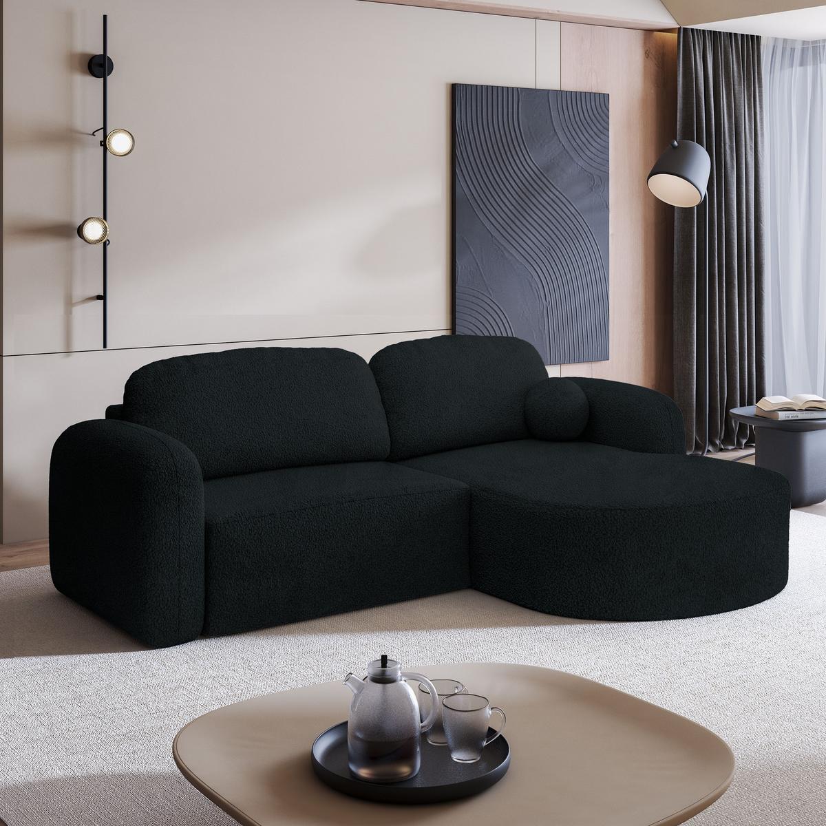 ECKSOFA AMILIA R-S Schwarz Boucle-Stoff mit Schlaffunktion - Schwarz, Holz (263/174cm) - MASSENO