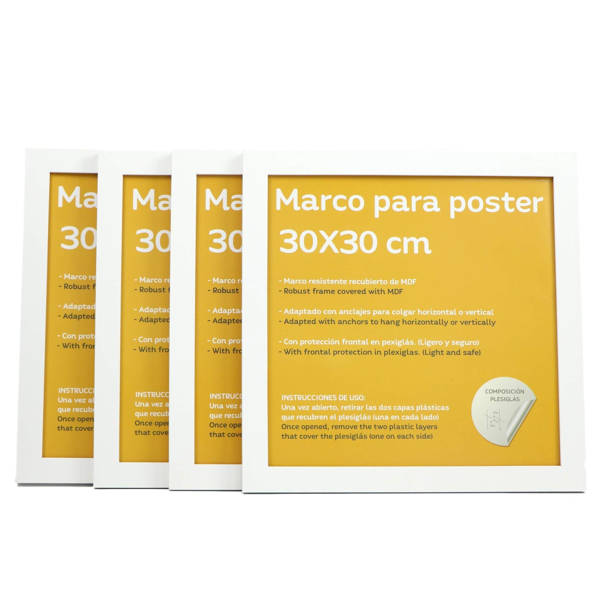 RAHMEN Set mit 4 aus MDF und Acrylglas Schutz und Aussteller für Fotografien, Bilder, Poster, Gemälde, Dekoration für Haus Farbe Weiß 30x30 cm - Weiß, Holz (30/3cm) - Nacnic