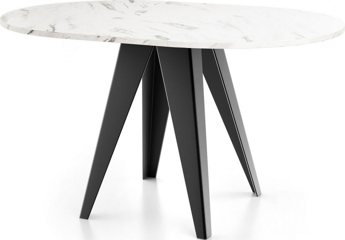 ESSTISCH Glory runder ausziehbarer, Marmor Weiß 90-130/100/76 cm - Ecru/Schwarz, Holzwerkstoff/Metall (90/130/76cm) - WFL GROUP