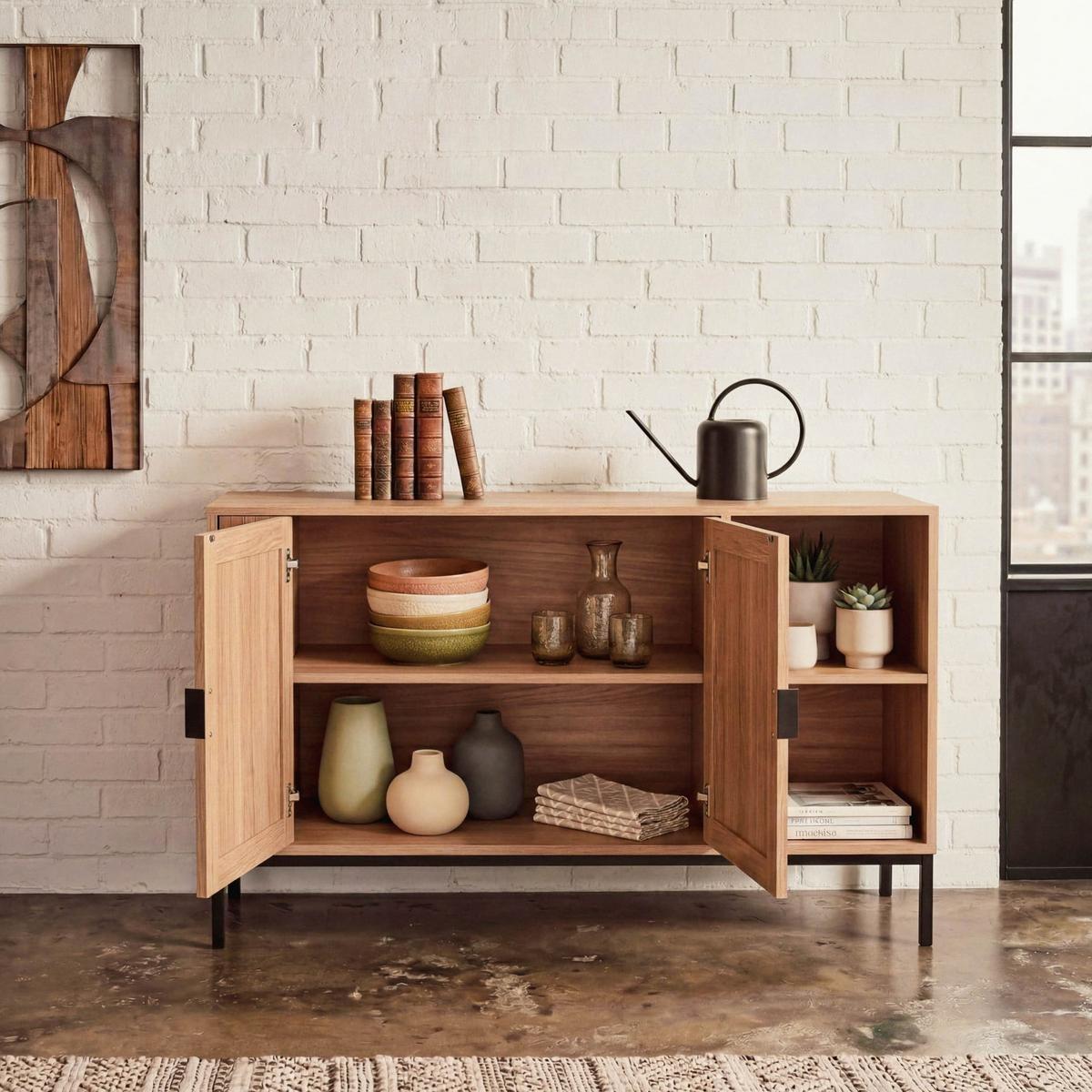 SIDEBOARD mit 2 türen und 2 offenen fächern in holzrillenoptik tara 40/72/110 cm - Eschefarben, Holzwerkstoff (110/72/46cm) - Calicosy