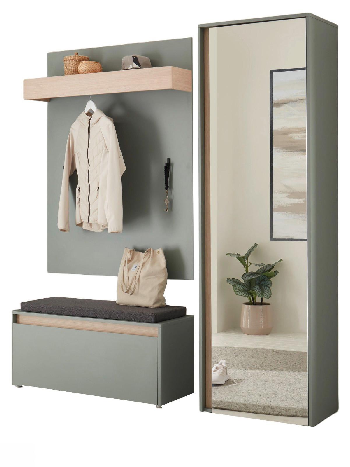 GARDEROBE Set 4-teilig, Salbei Grün und Eiche 170 x 200 cm mit Garderobenschrank und Spiegel - Salbeigrün/Eichefarben, Glas/Holz (170/200/40cm) - Furn.Design