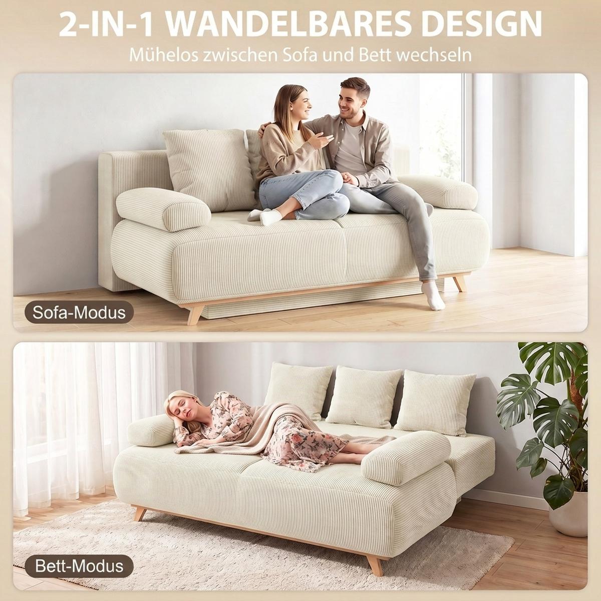 SCHLAFSOFA Cord Beige - Beige, Kunststoff/Textil (100/84/188cm) - HOMCOM