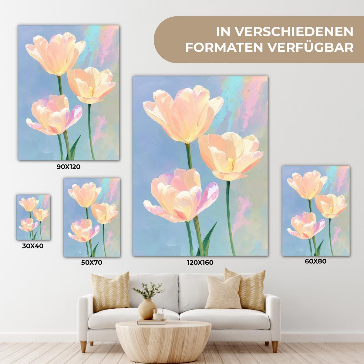 LEINWANDBILD Tulpen - Rosa Akzente - Blau Room Decor 30x40 cm - Pastellblau, Textil (30/40cm) - MuchoWow