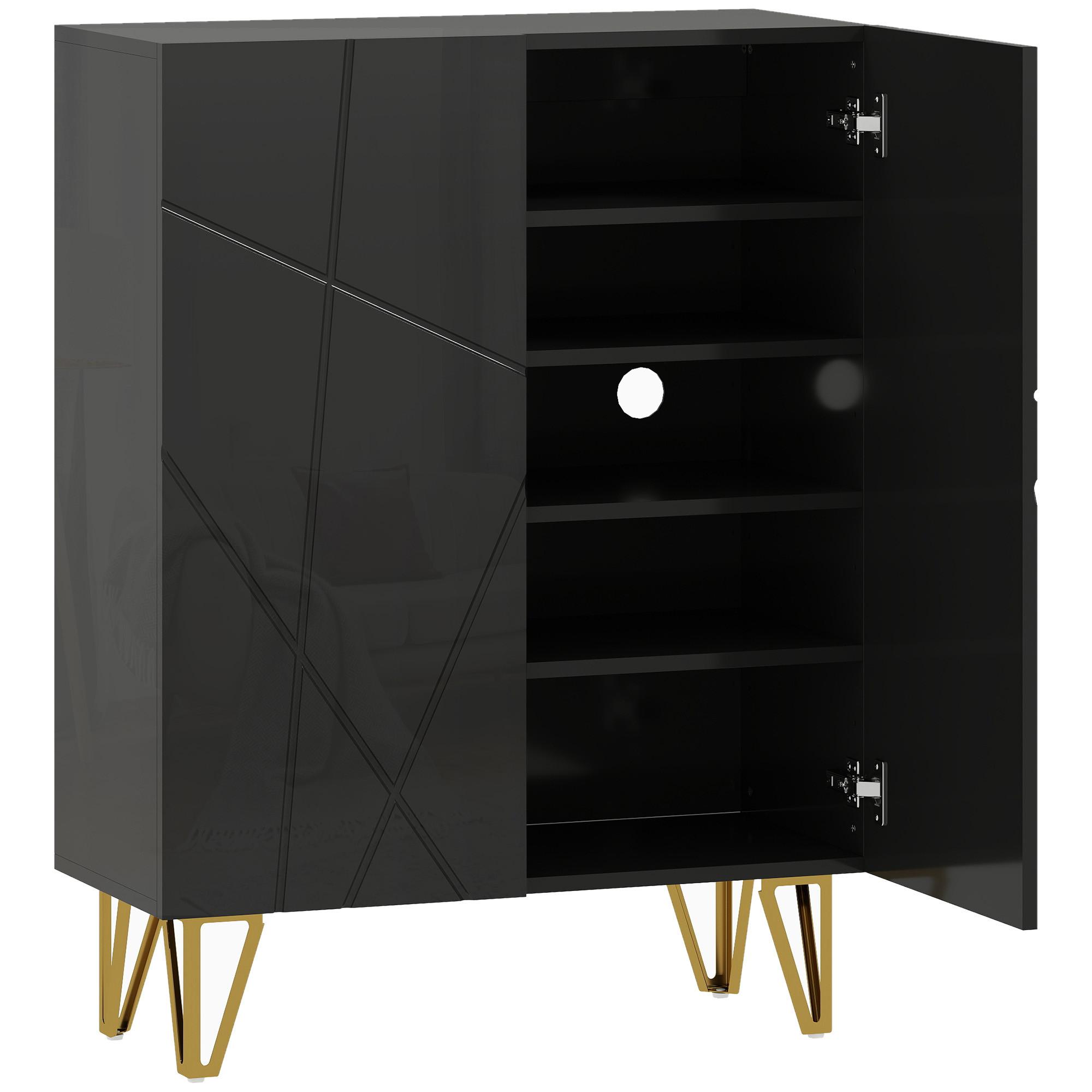 SCHUHSCHRANK mit 2 Türen, Schuhregal, Schuhaufbewahrung mit 3 Ablagen Schwarz - Schwarz Hochglanz/Goldfarben, Holzwerkstoff/Metall (31.5/95/72cm) - HOMCOM