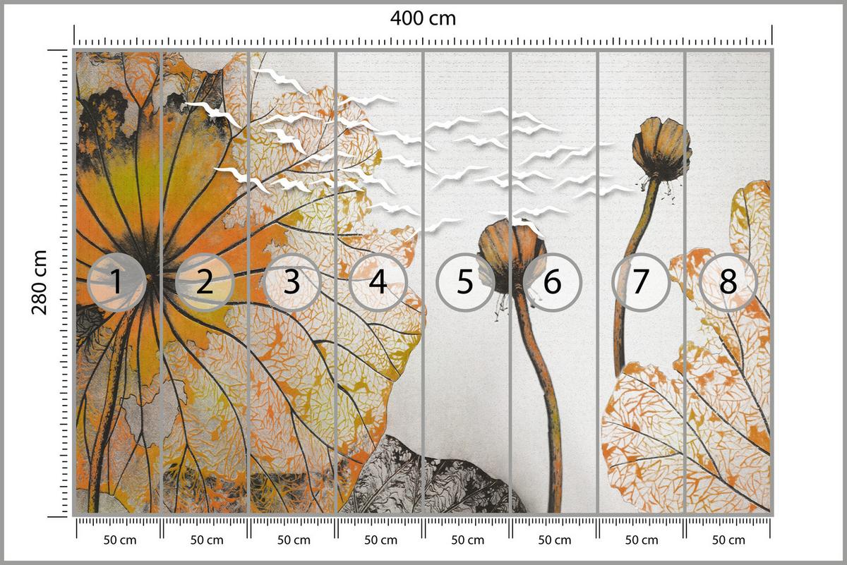 FOTOTAPETE für Esszimmer Große Abstrakte Orange Blumen Blätter 400x280 - Gelb/Orange, Papier (400/280cm) - Muralo