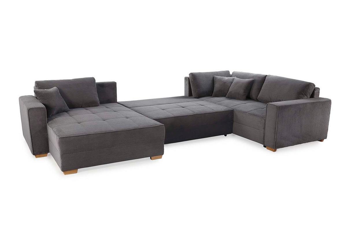 WOHNLANDSCHAFT Schlaffunktion Bettkasten Wellenunterfederung, spiegelverkehrt montierbar U-Form B379/T227/H86 cm, Cord Dunkelgrau / 15198 - Dunkelgrau/Eichefarben, Holz/Textil (379/86/227cm) - luma-home