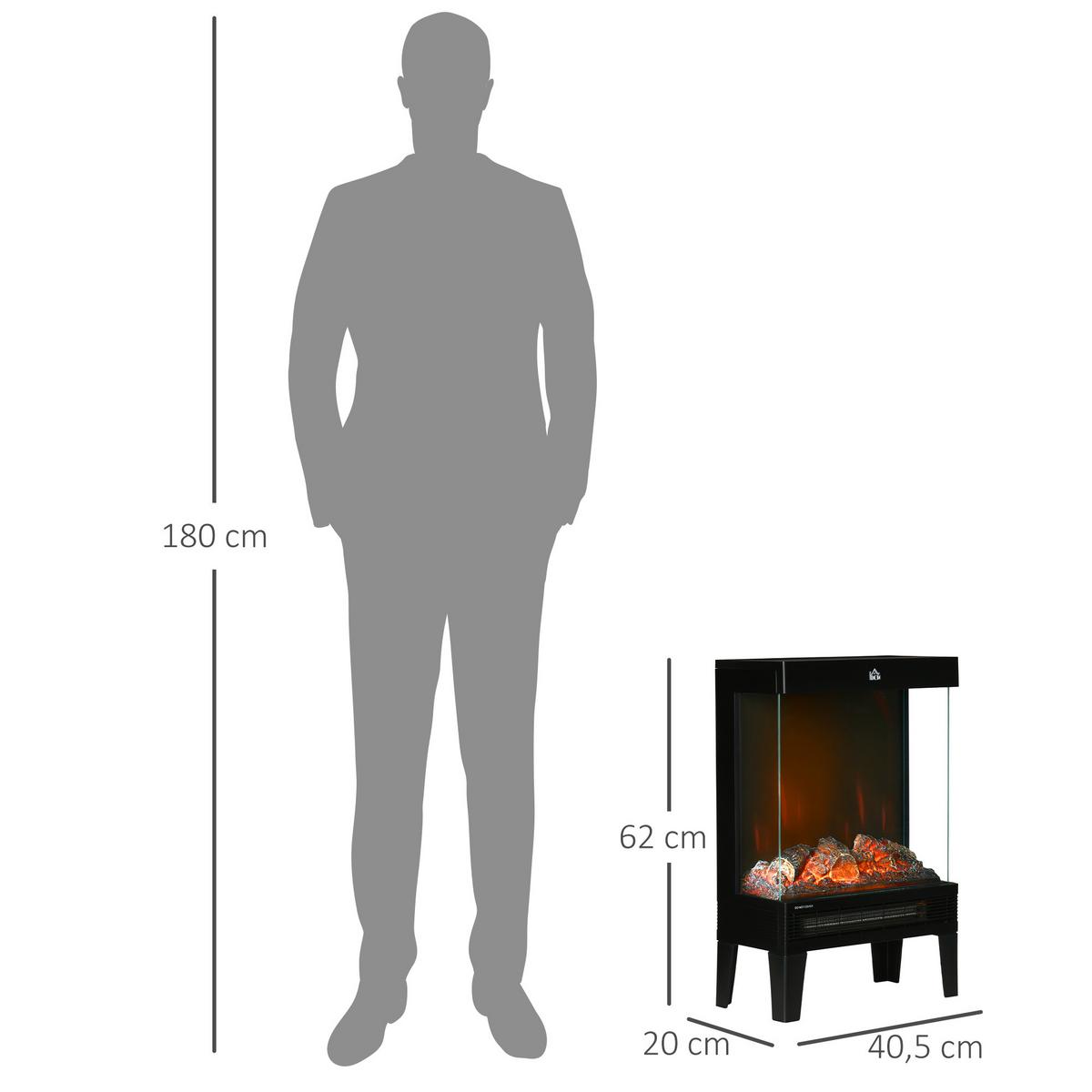ELEKTROKAMIN 1000 W/2000 W Standkamin LED 3D-Flammeneffekt 4 Helligkeitsstufen - Schwarz, Metall (20/62/40.5cm) - HOMCOM