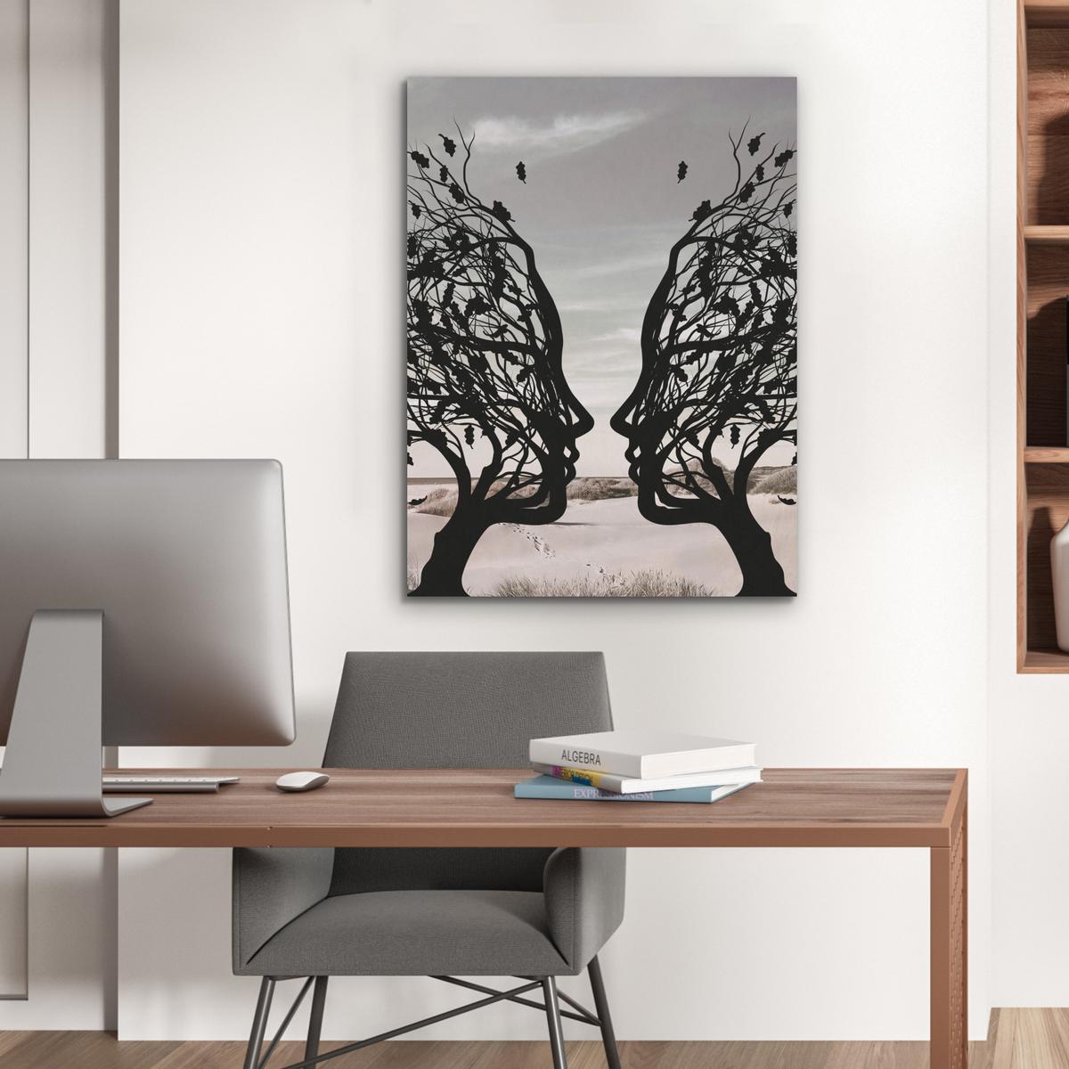AKUSTIKBILD Strand - Meer - Menschen - Baum - Moderne Kunst Wandbilder 60x80 cm - Hellgrau, Kunststoff (60/80/0.9cm) - MuchoWow