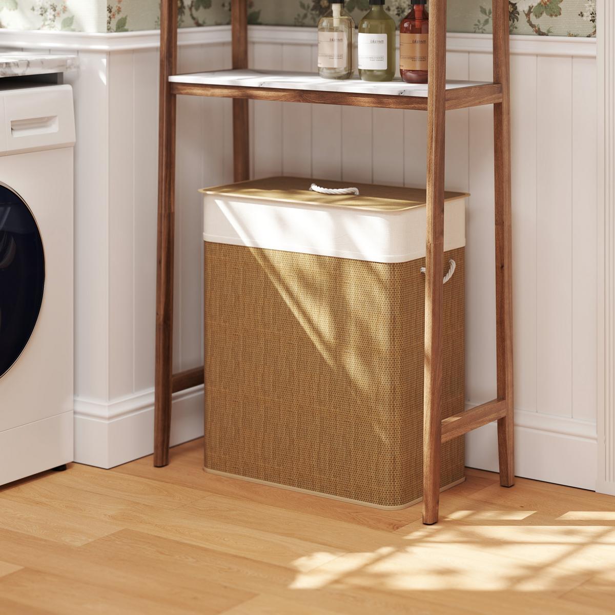 BAMBUS Wäschekorb mit Deckel 2 Fächer 100 L Wäschesammler mit Seilgriffen - Braun, Naturmaterialien (32/63/52cm) - HOMCOM