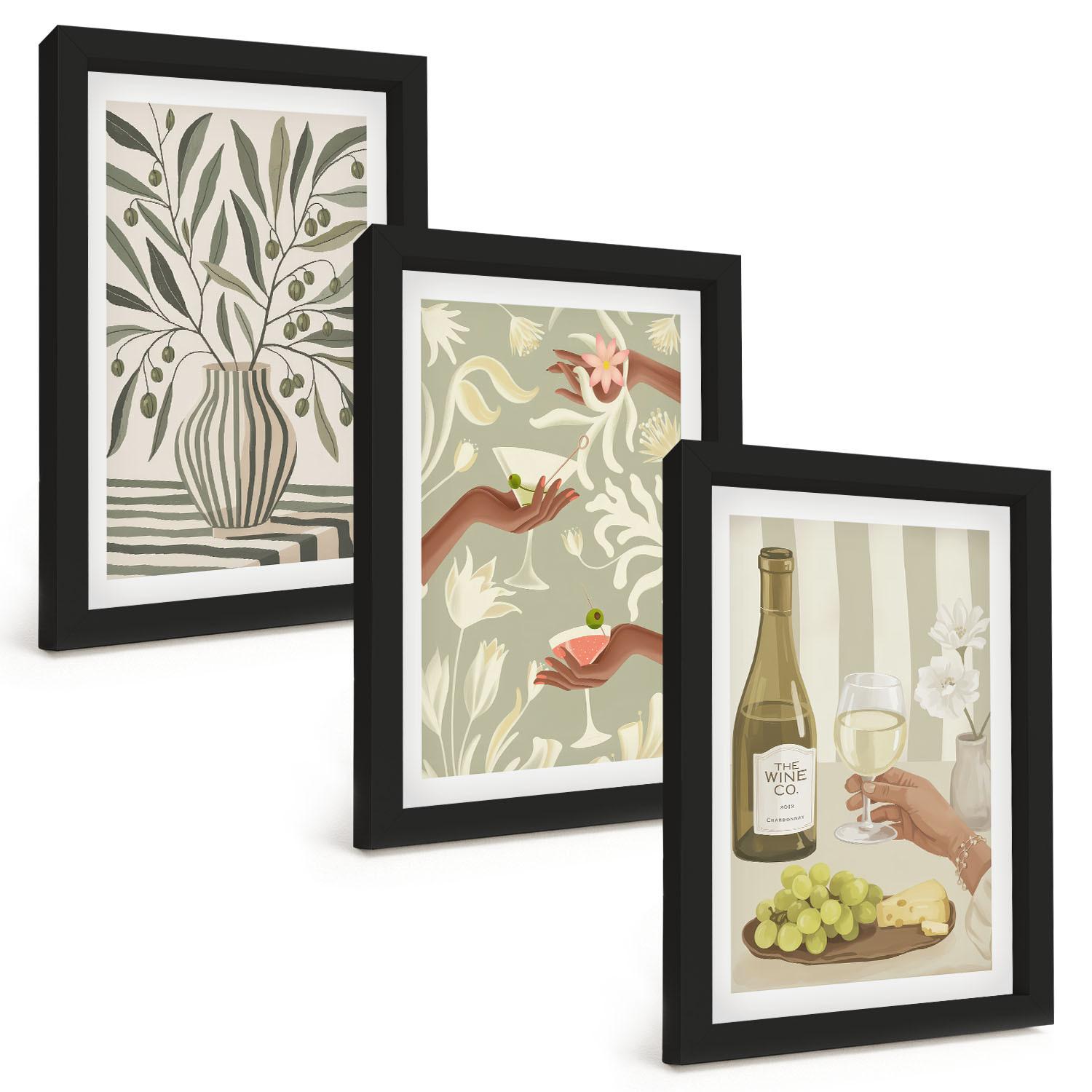 BILDER SET 3er Set - 20x30 cm Schwarzer Rahmen - Rustikale Cocktails mit Olivenblüten - Schwarz, Kunststoff (20/30cm) - TULUP