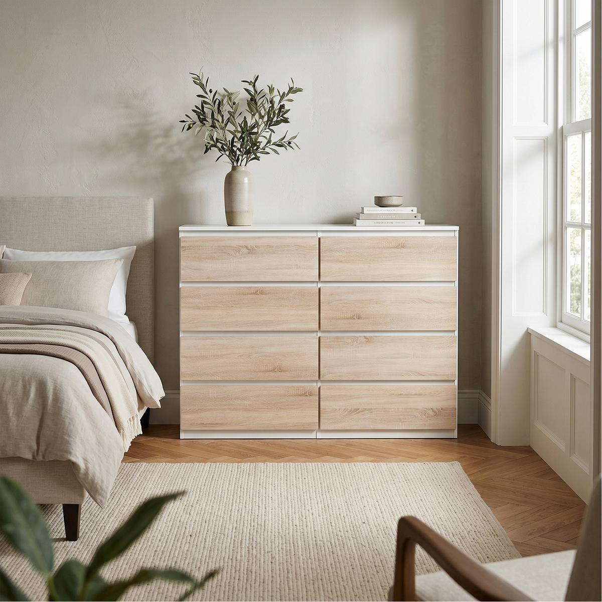 KOMMODE NUDO 138,5/101,5/39cm mit 8 Schubladen Türen Weiß - Weiß/Sonoma Eiche, Holzwerkstoff (138.5/101.5/39cm) - MASSENO
