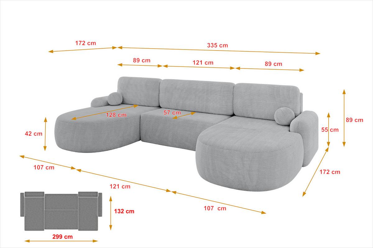 WOHNLANDSCHAFT mit Schlaffunktion und Bettkasten LIRA-U - 335x172x89 Grau - Graphitfarben, Holzwerkstoff/Textil (335/89/172cm) - ALTDECOR