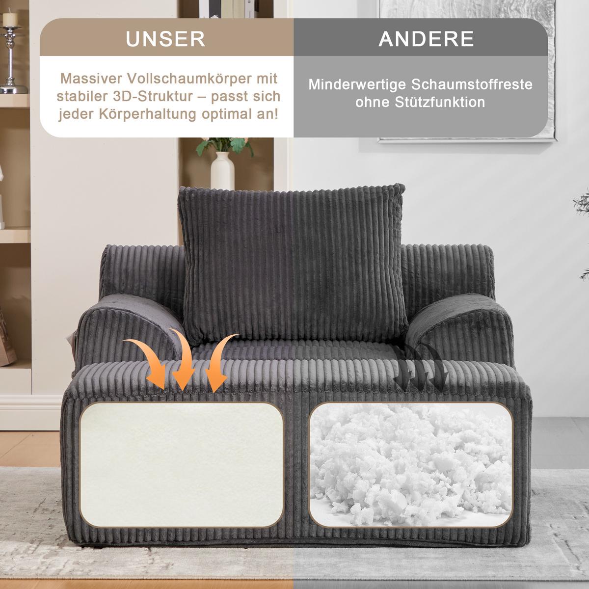 SESSEL mit Hocker in Cord Übergroßer Relaxsessel - Dunkelgrau, Textil (110/67/147cm) - Urban Meuble