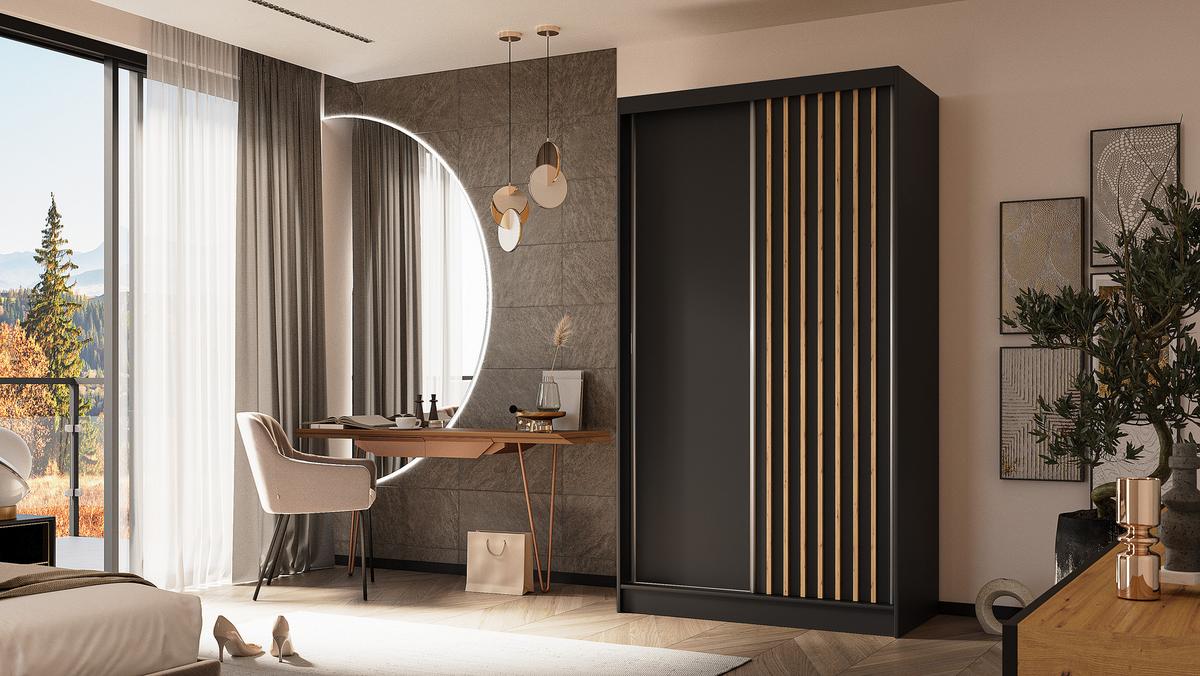 KLEIDERSCHRANK mit furnierten Schiebetüren und Aluminium-Leisten, LED-Beleuchtung - LABELO - 120 cm Schwarz+Schwarz+Artisan - Schwarz/Eiche Artisan, Holzwerkstoff (120/216/61cm) - ALTDECOR