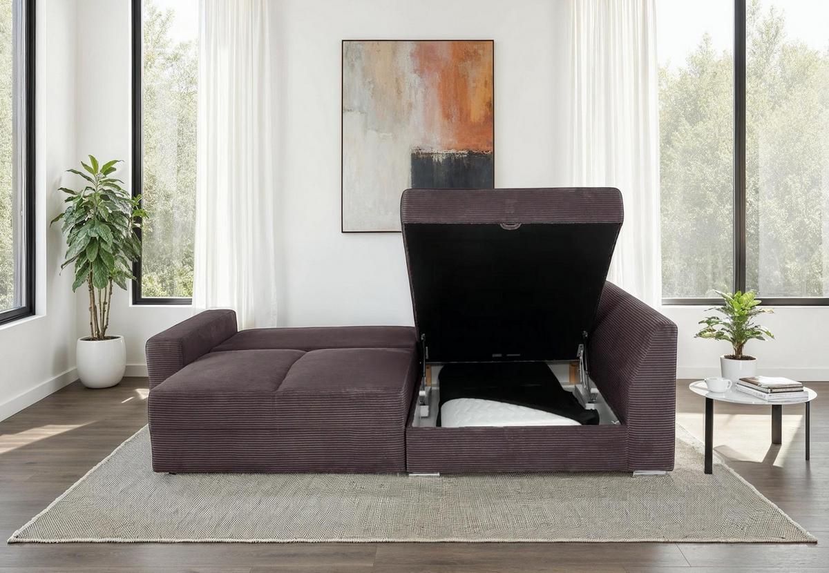 ECKSOFA-DAUERSCHLÄFER Boxspring Federkern Topper Bettkasten, seitenverkehrt montierbar B260/T181/H88 cm, Cord Dunkelgrau / 15233 - Chromfarben/Dunkelgrau, Textil/Metall (260/181cm) - luma-home