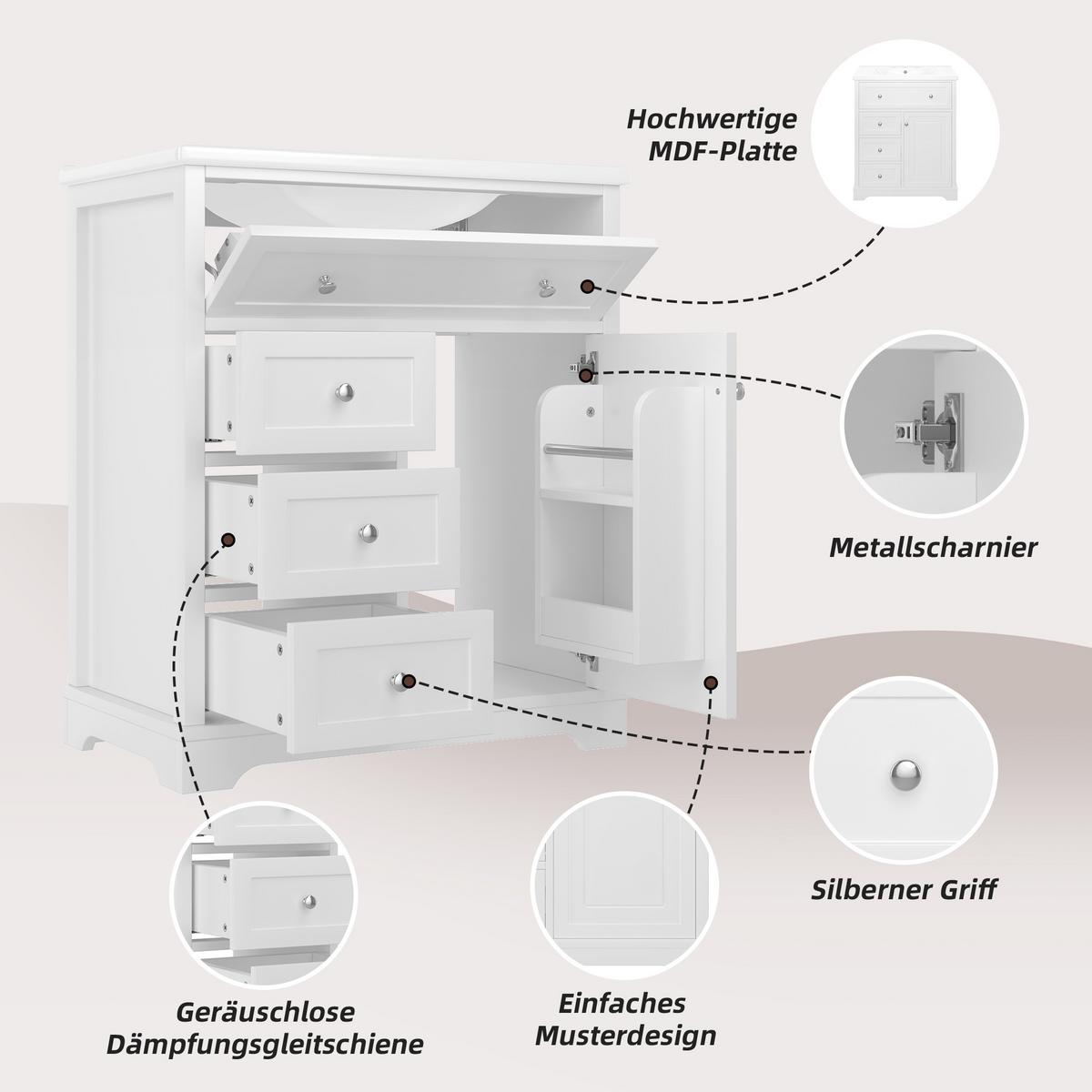 WASCHTISCH mit Unterschrank Weiß 76cm Standschrank mit Keramikbecken & 4 Schubladen - Weiß, Holzwerkstoff (76/87/46cm) - Urban Meuble