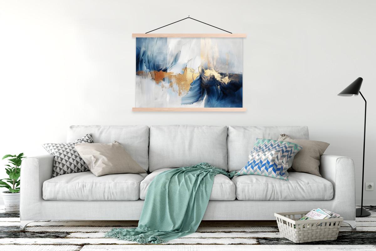 POSTER MIT MAGNETLEISTEN Gold - Blau - Aquarell - Kunst - Modern Magnetleiste 120x80 cm - Hellblau, Textil (120/80/0.15cm) - MuchoWow