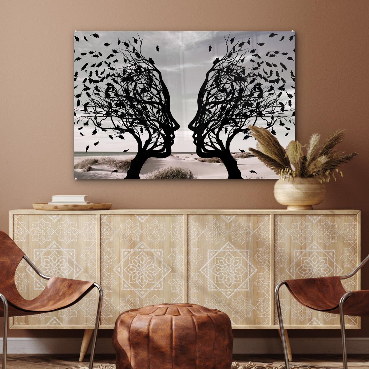 ACRYLGLASBILD Strand - Meer - Menschen - Baum - Moderne Kunst Room Decor 90x60 cm - Hellgrau, Glas (90/60cm) - MuchoWow