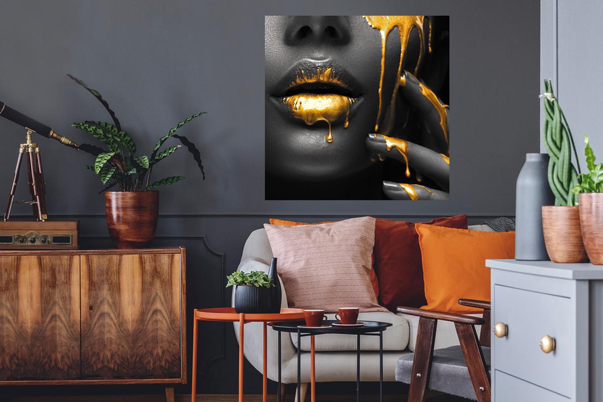 WANDTATTOO Frau - Schwarz - Gold - Gesicht - Lippen Wanddeko 50x50 cm - Goldfarben, Kunststoff (50/50/0.1cm) - MuchoWow
