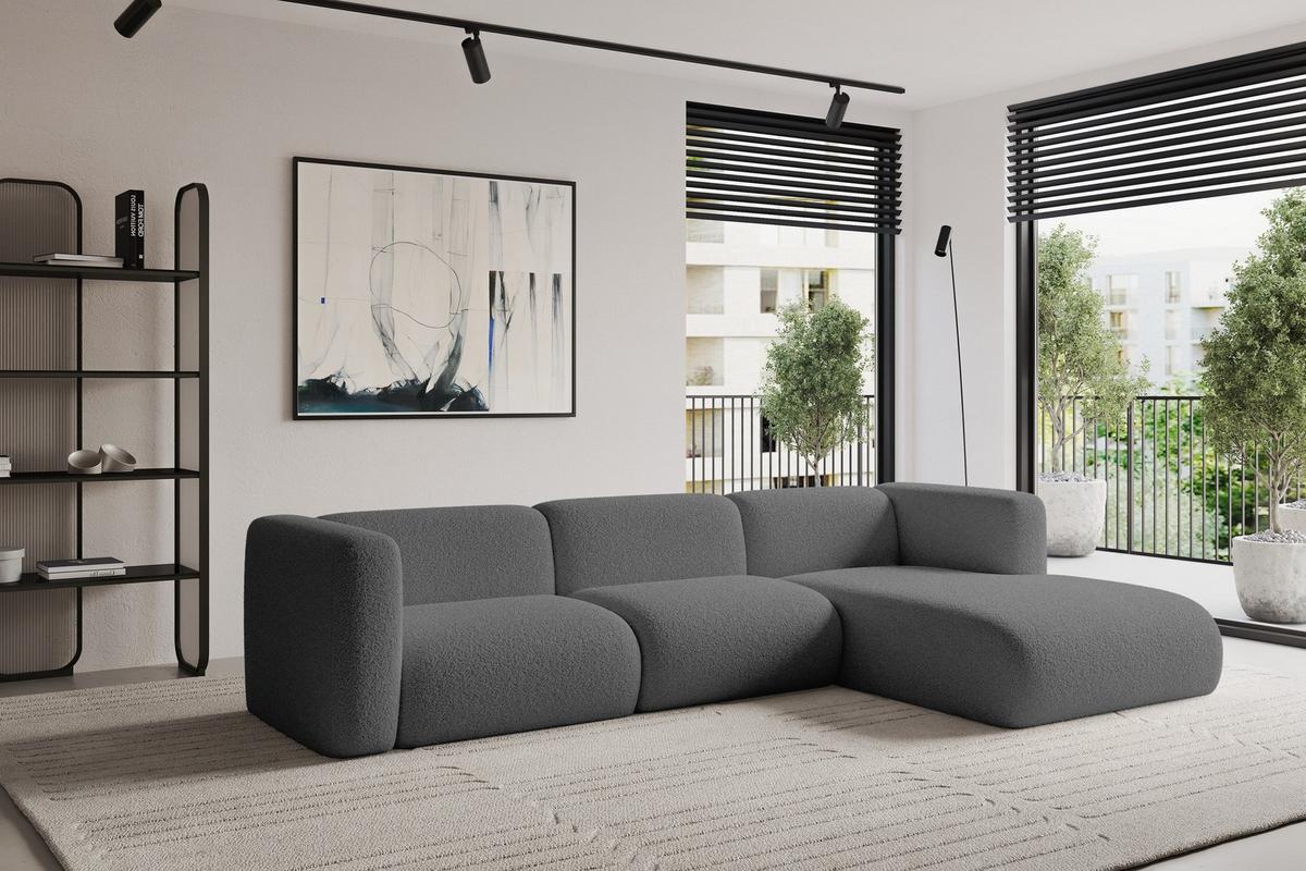 ECKSOFA Ottomane Rechts MIRA-L1 227x179x89 Grau Bouclé - Platinfarben/Schwarz, Holzwerkstoff/Kunststoff (227/179cm) - ALTDECOR